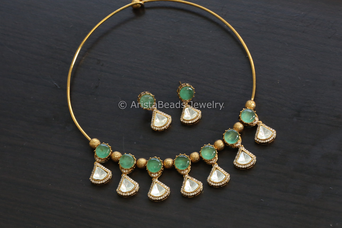 Mint Pota Doublet Stone & Polki Hasli Set (102-25)