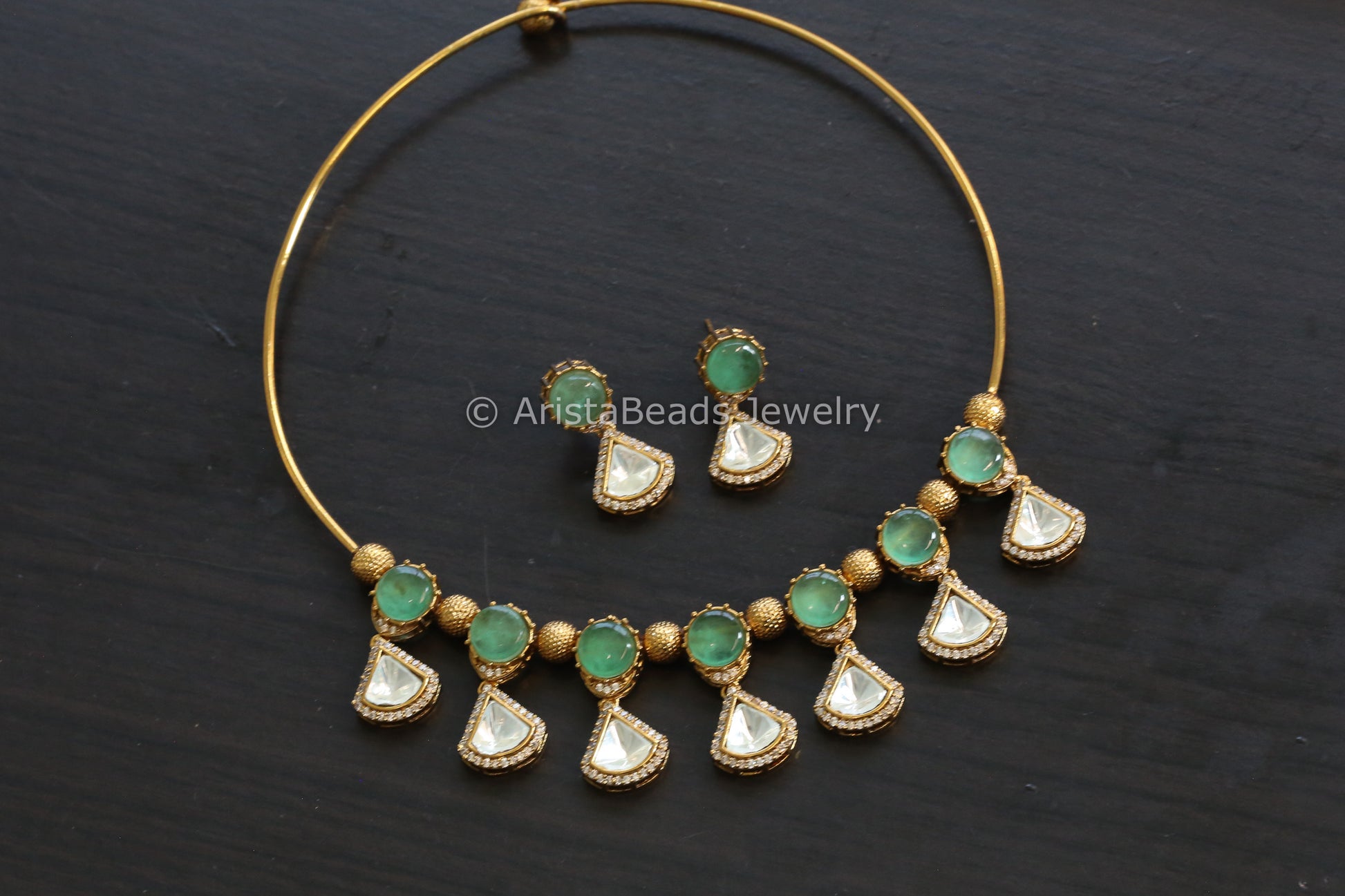 Mint Pota Doublet Stone & Polki Hasli Set (102-25)