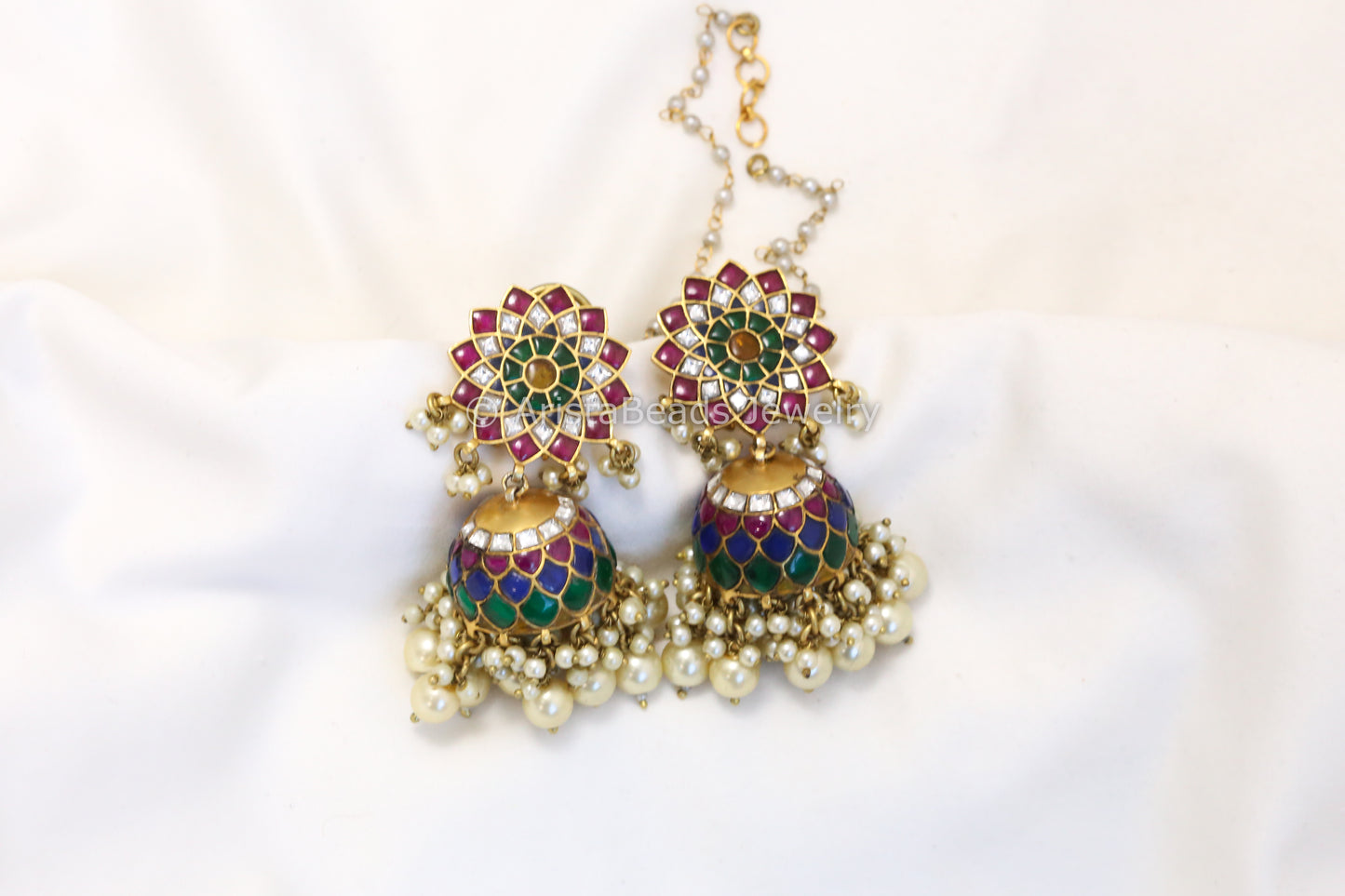 Sahana Antique Gold Jadau Kundan Jhumka - Navratan