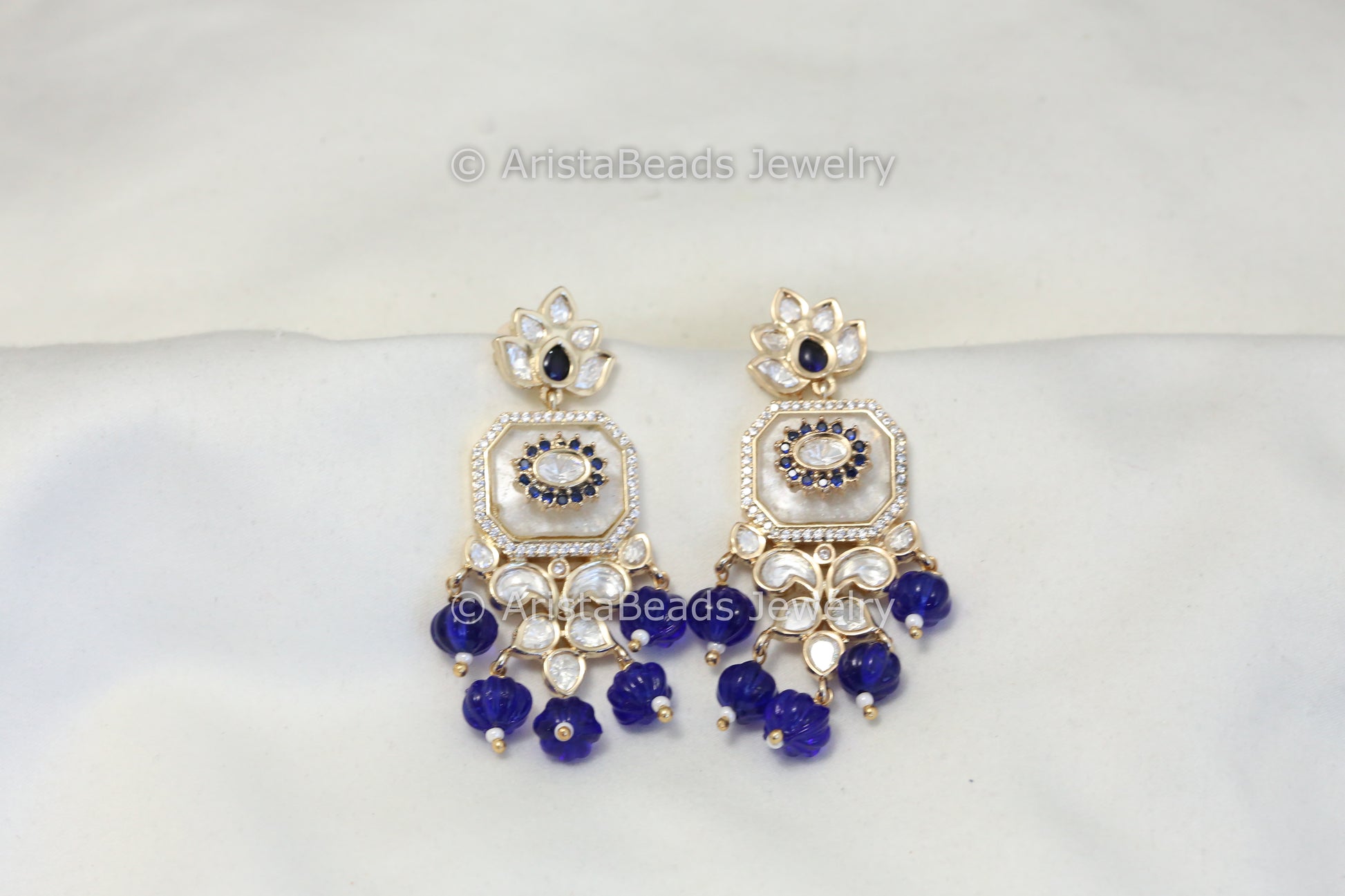 MOP Kundan Polki earrings - Blue