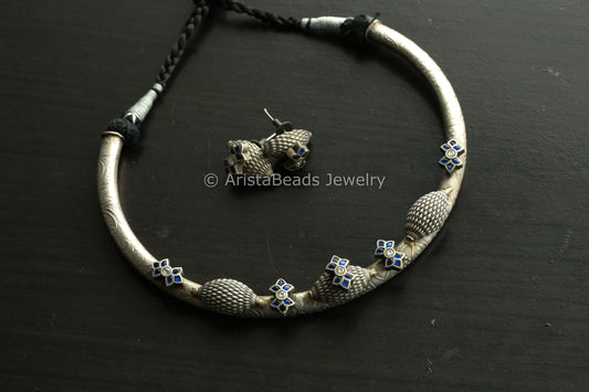 Jadau Silve Finish Hasli Set - Blue