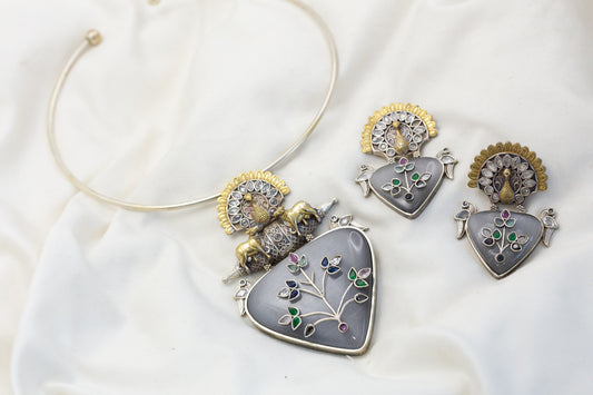 Oxidized 2 Tone Fusion Gray Stone  Necklace  (T102-41)