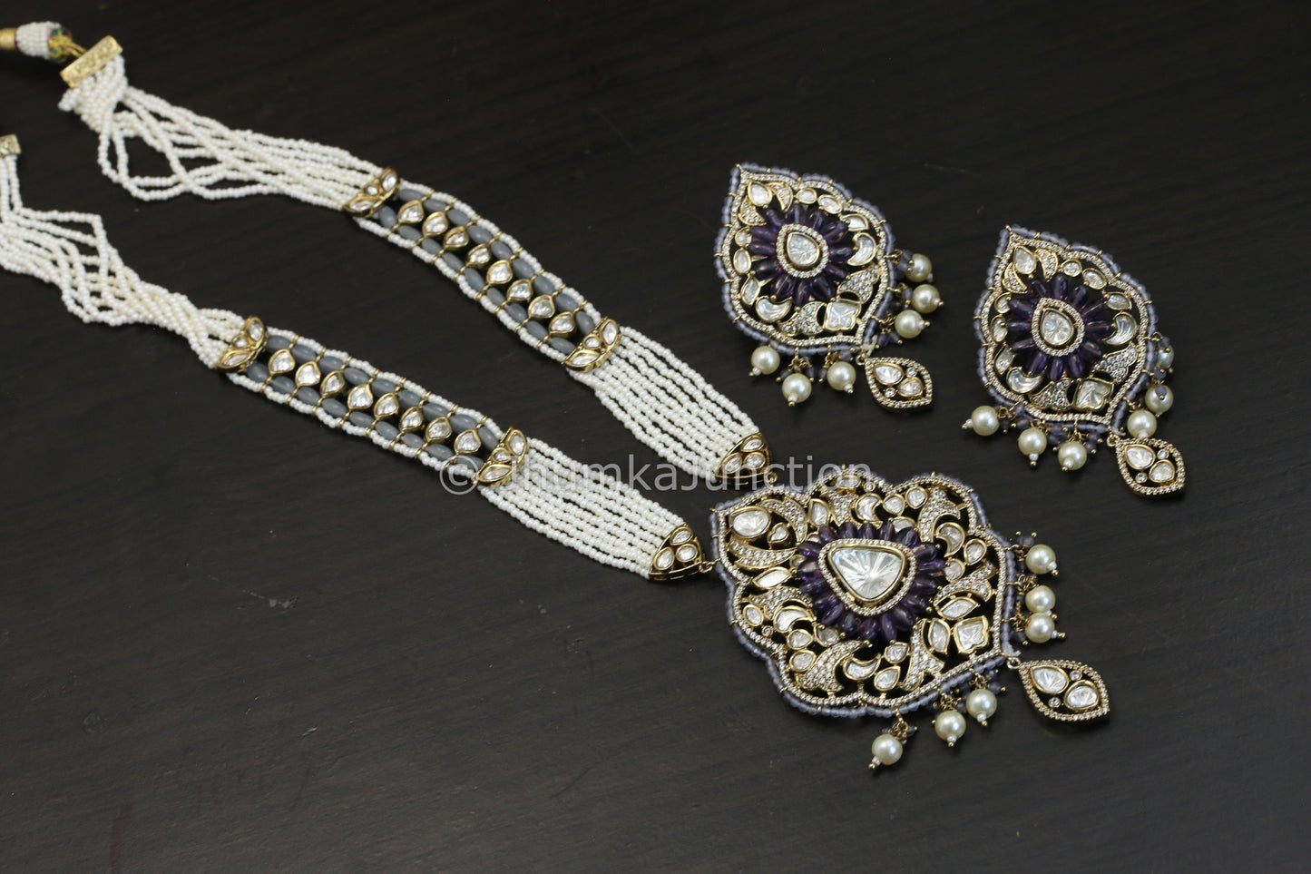 Lavender Pota Stone & Uncut Kundan Necklace Set (102-06)
