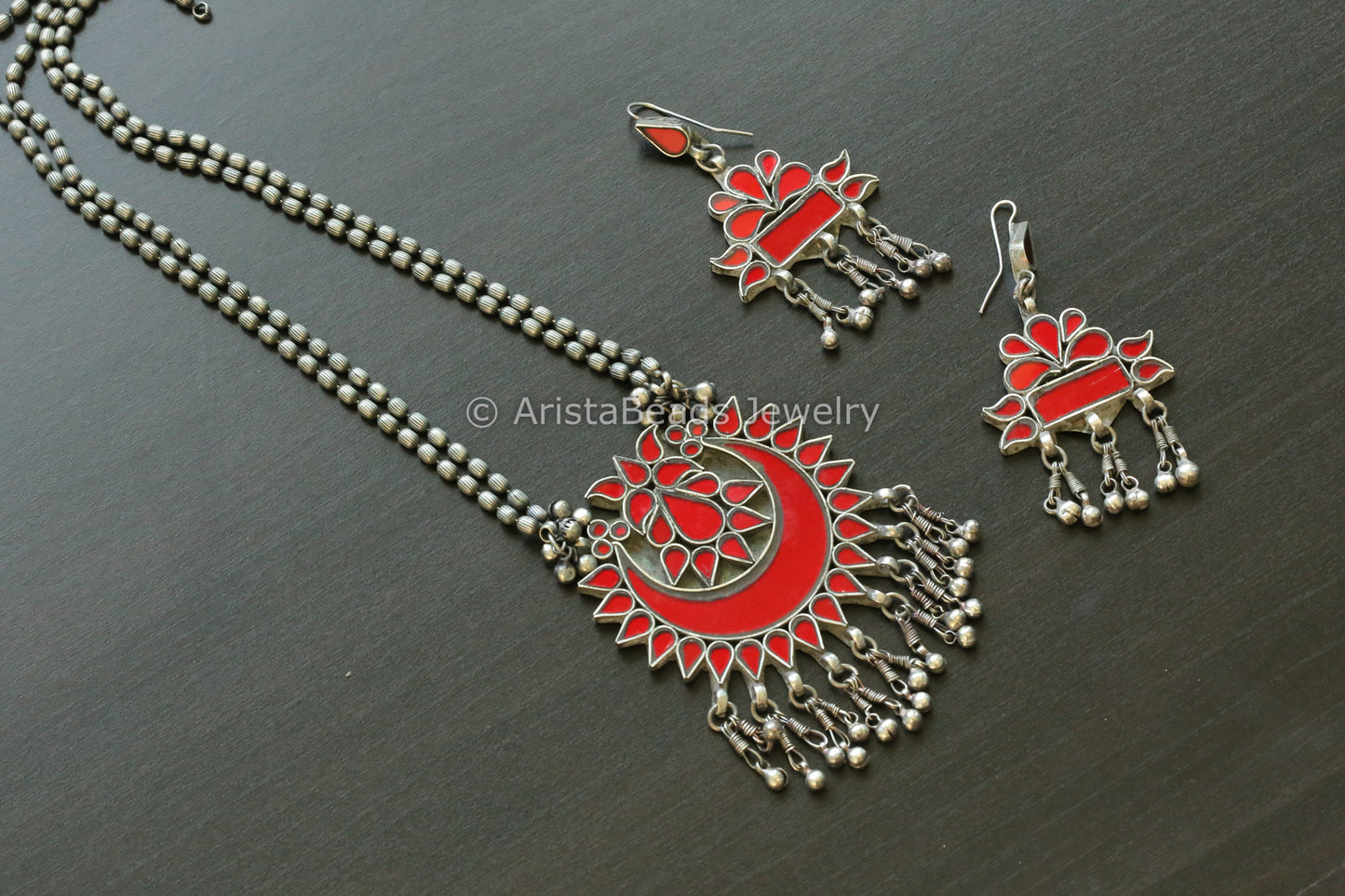 Red Real Glass Oxidized Necklace Set (T102-11)