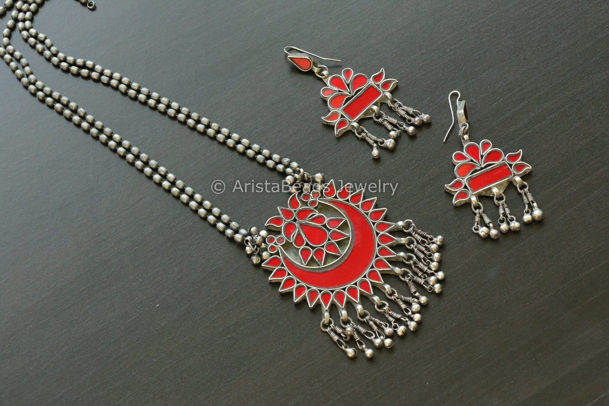 Red Real Glass Oxidized Necklace Set (T102-11)