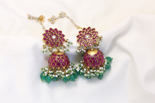 Sahana Antique Gold Jadau Kundan Jhumka - Ruby