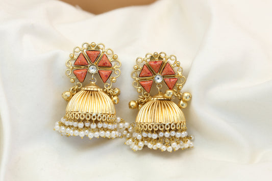 Coral Kundan Fusion Matt Gold Jhumka (101-18)