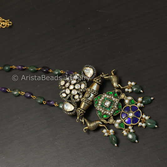 Fusion Jadau & Moissanite Necklace - Aventurine & Amethyst Beads