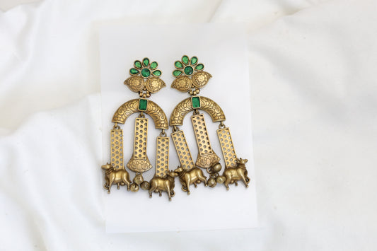 Nandi Antique Gold Earrings - Green