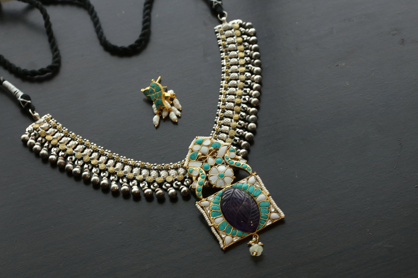 Dual Tone Jadau Fusion Necklace Set - Amethyst