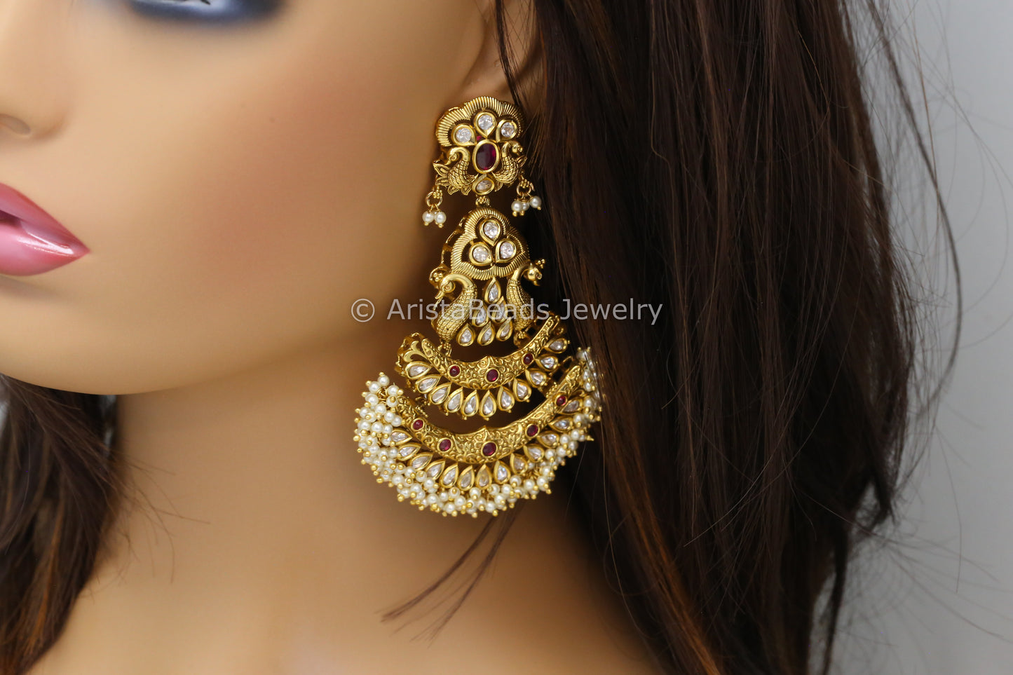 Matt Gold Polki Kundan Chandbaali - Red