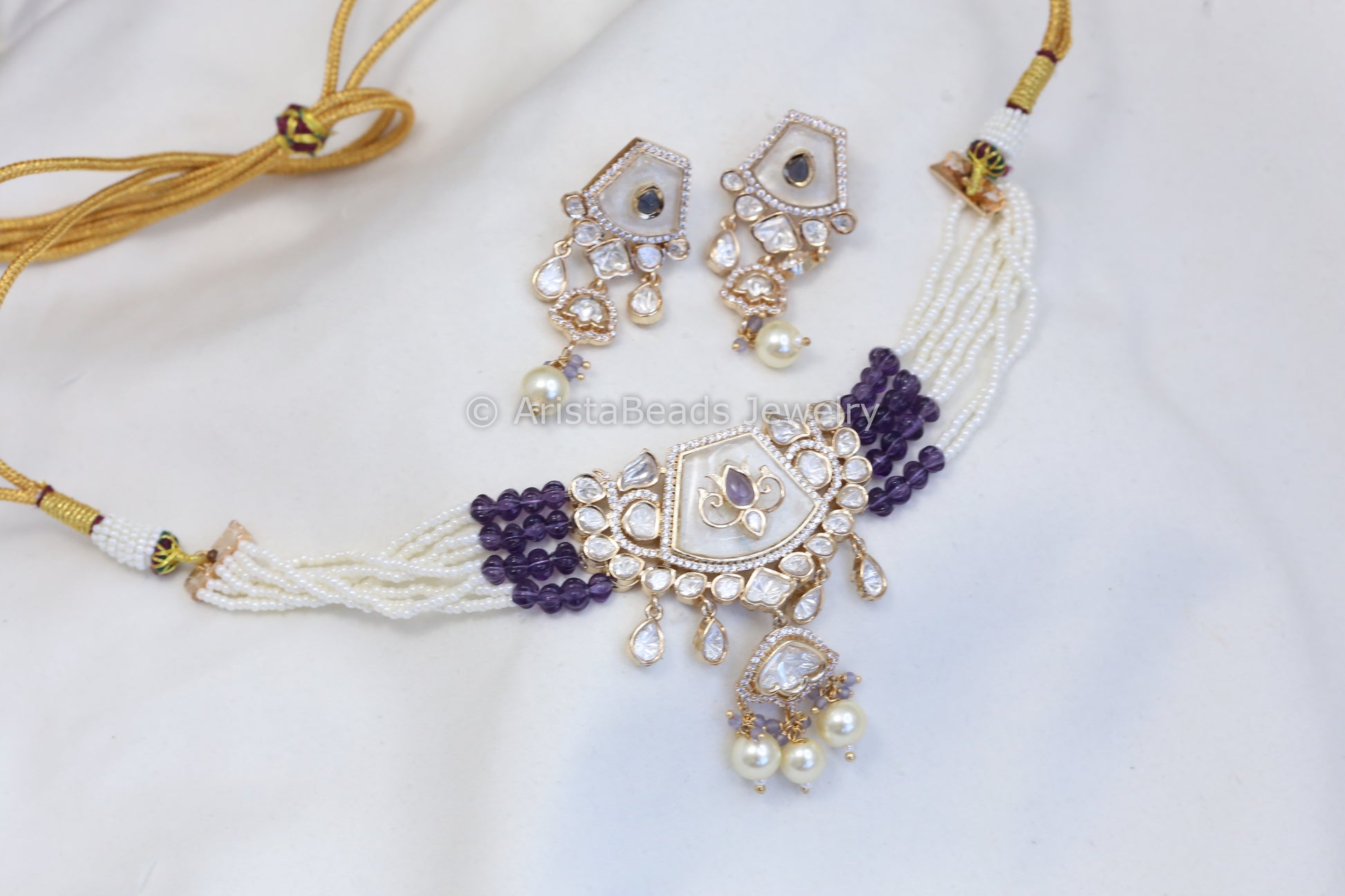 MOP Beaded Necklace Set - Purple