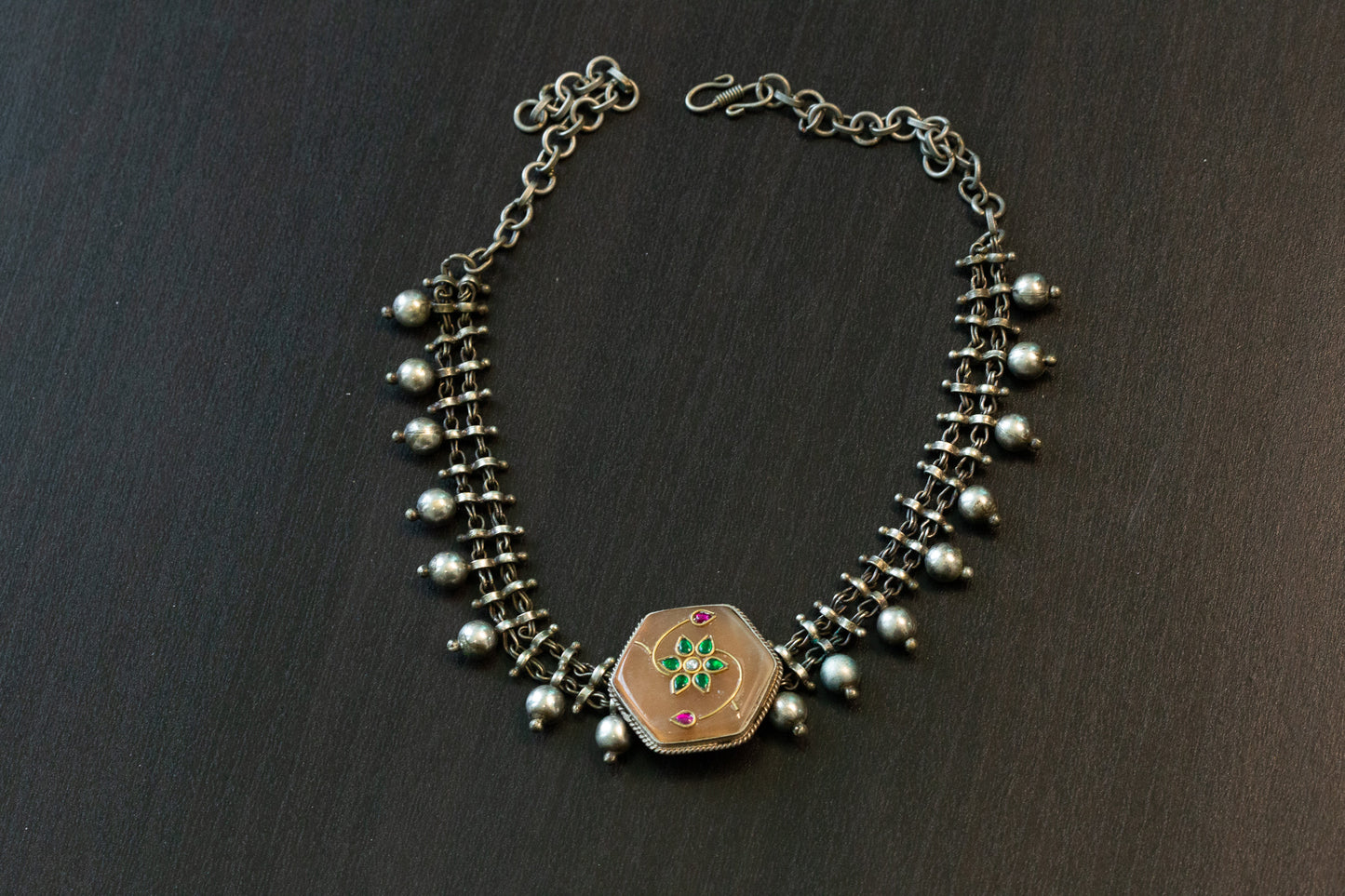 Kundan Inlay Silver Look Alike Fusion Necklace  (T102-37)