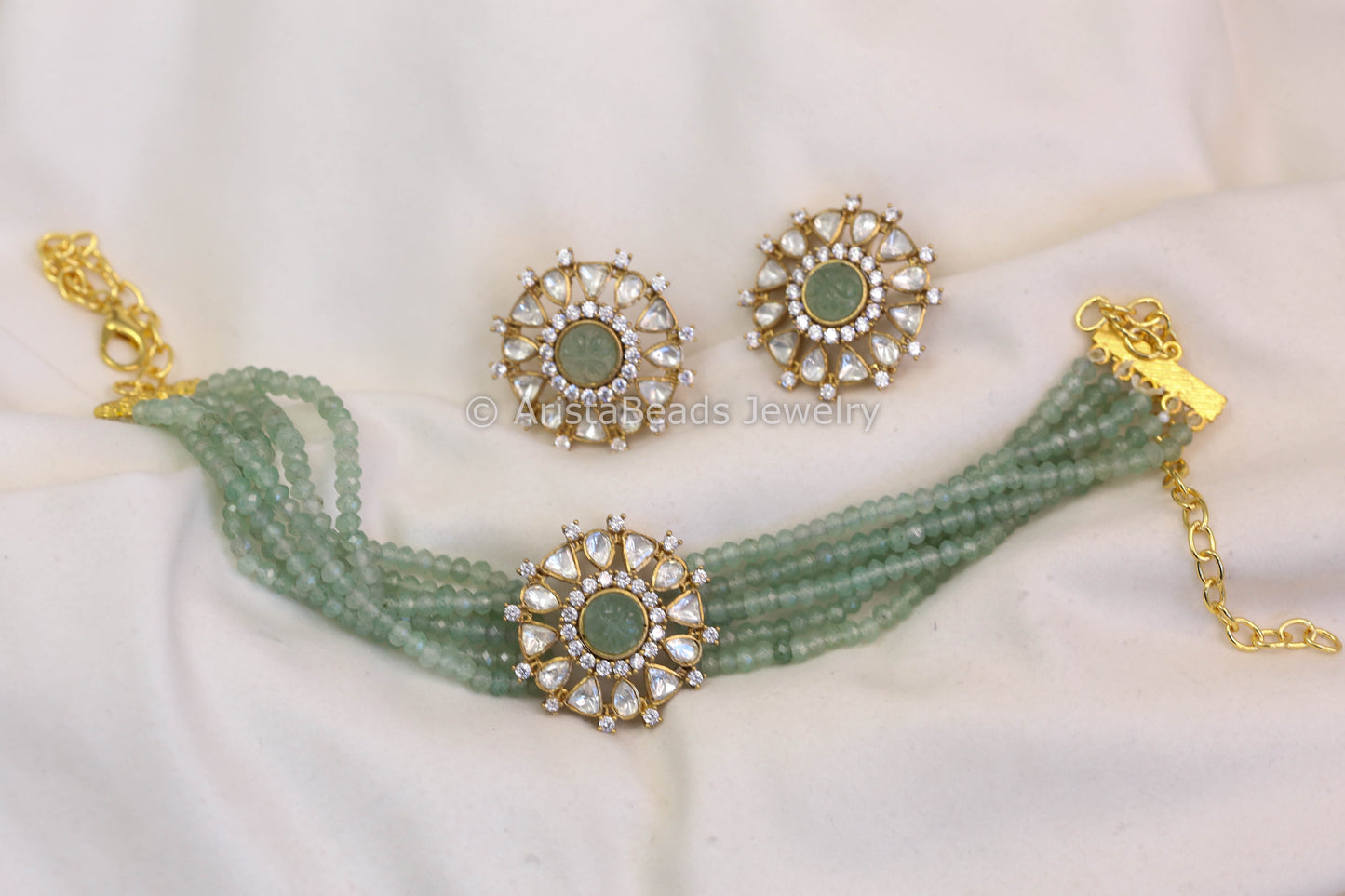 Real Moissanite Aventurine Beads Choker Set (103-50)