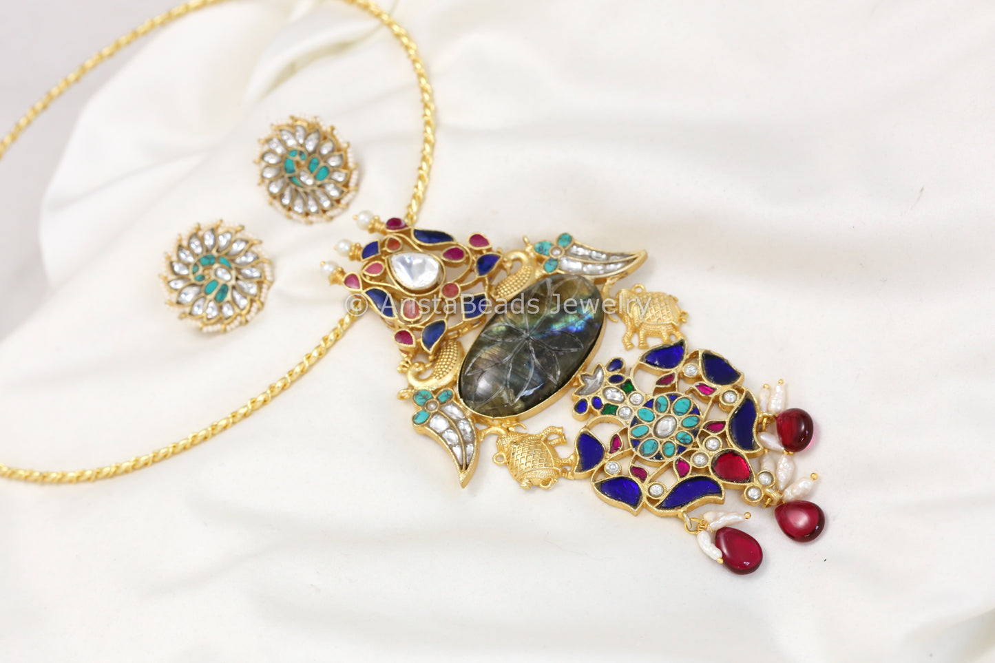 Labradotite Multicolor Jadau Fusion Necklace (Removable Hasli)