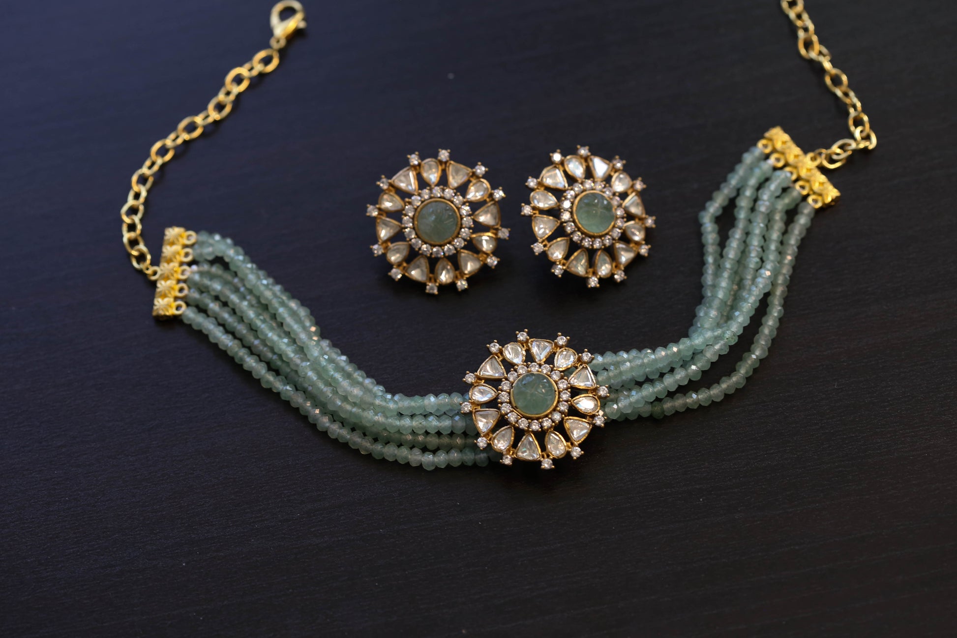 Real Moissanite Aventurine Beads Choker Set (103-50)