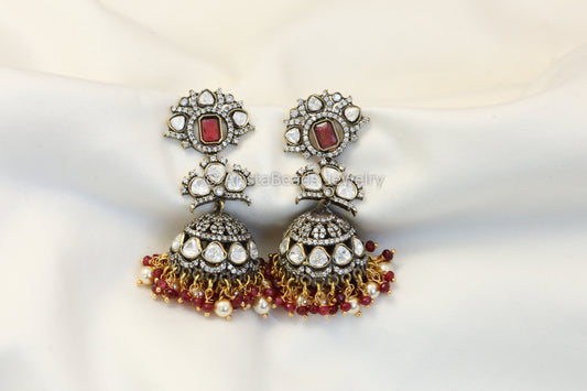 Silver Look Alike Victorian Polki Jhumka -  Red