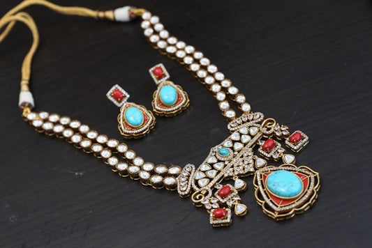 Victorian Moissanite Look Polki & Pota Doublet Set - Coral Turquoise