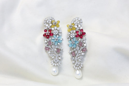 Kiran CZ & Carved Stones Pearl Earring- Yellow