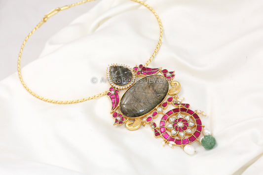 Ahana Jadau Kundan Halsi Necklace (Removable) - Labradorite