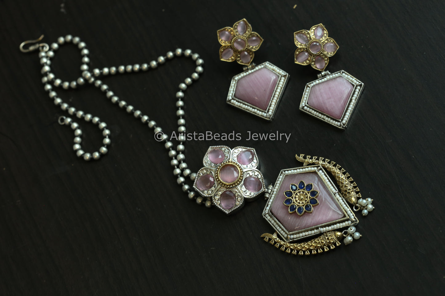 Pink Monalisa Stone Dual Tone Necklace Set (ABJ-N101- 65)