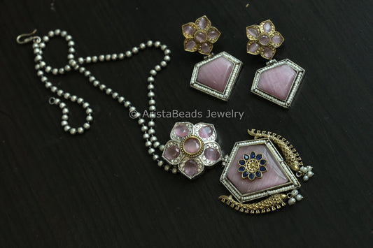 Pink Monalisa Stone Dual Tone Necklace Set (ABJ-N101- 65)