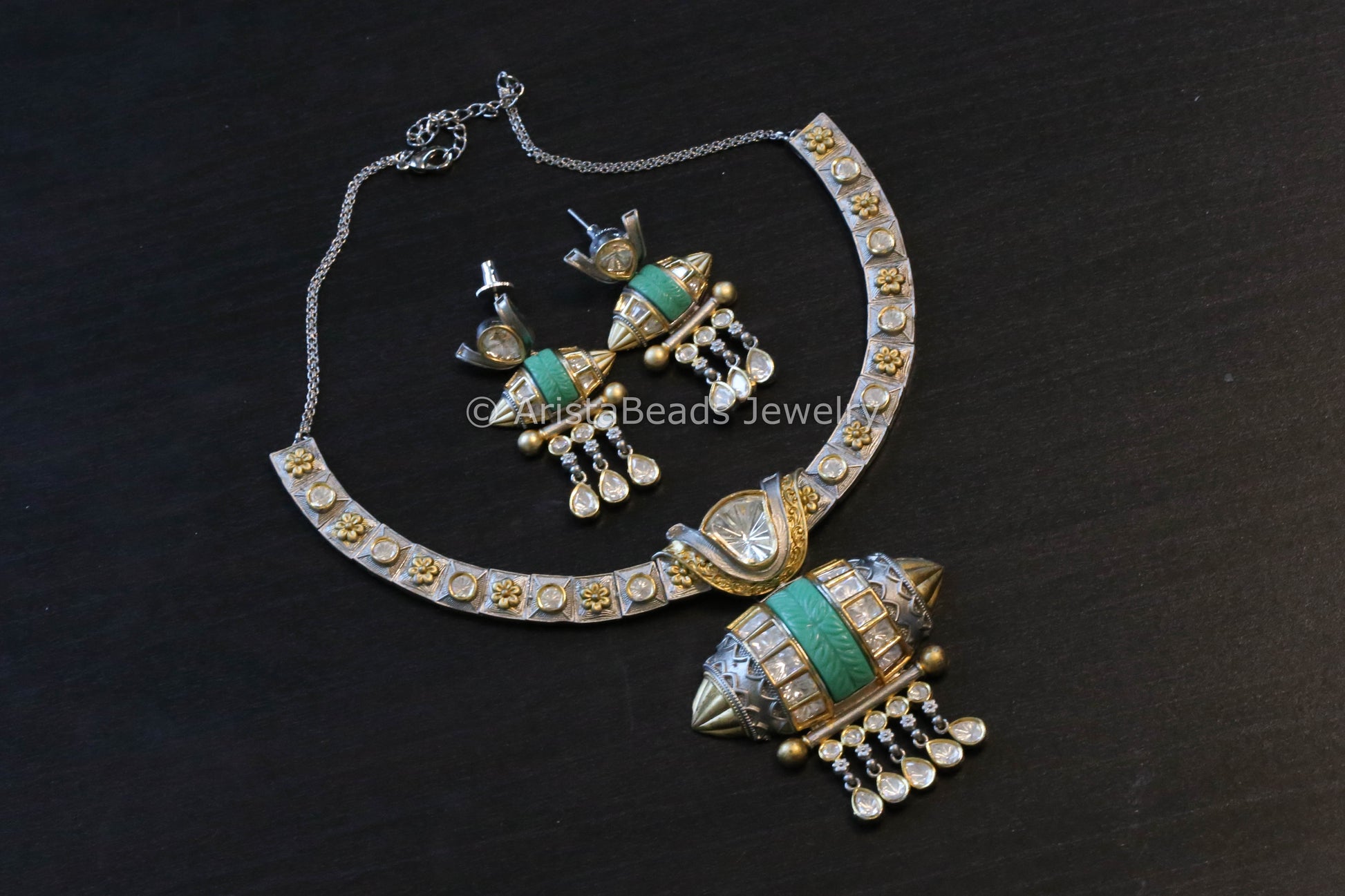 Premium Carved Turquoise Dual Tone Polki  Set  (103-58)