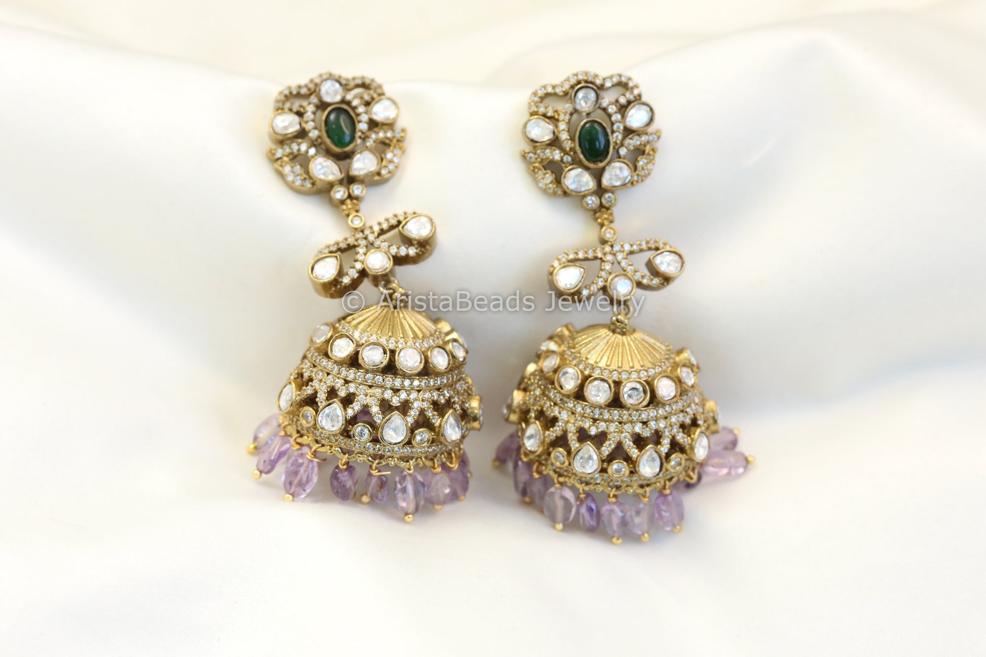 Real Silver Look Victorian Polki Jhumka -  Amethyst