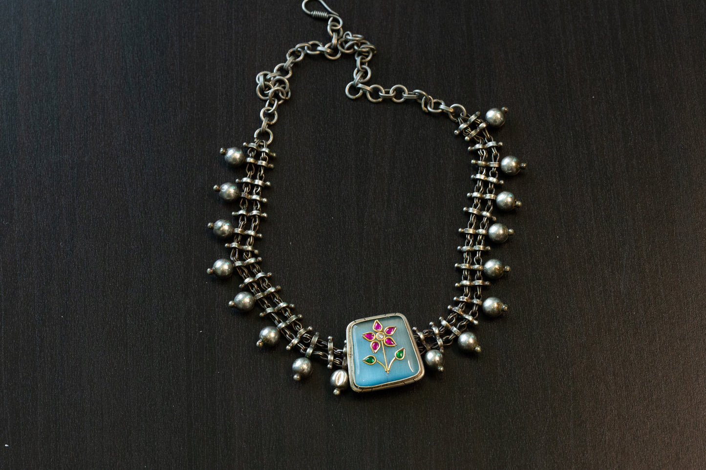 Kundan Inlay Silver Look Alike Fusion Necklace  (T102-36)