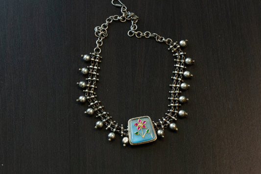 Kundan Inlay Silver Look Alike Fusion Necklace  (T102-36)