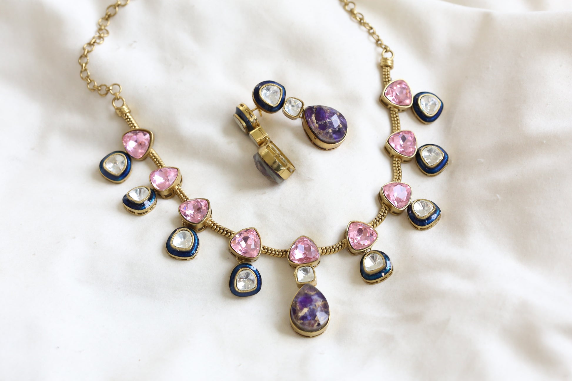 Polki Kundan, Enamel  & Marble Doublet Set - Pink (103-14)