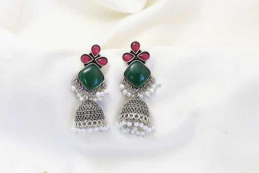 Anjani Oxidized Jhumka - Green Red