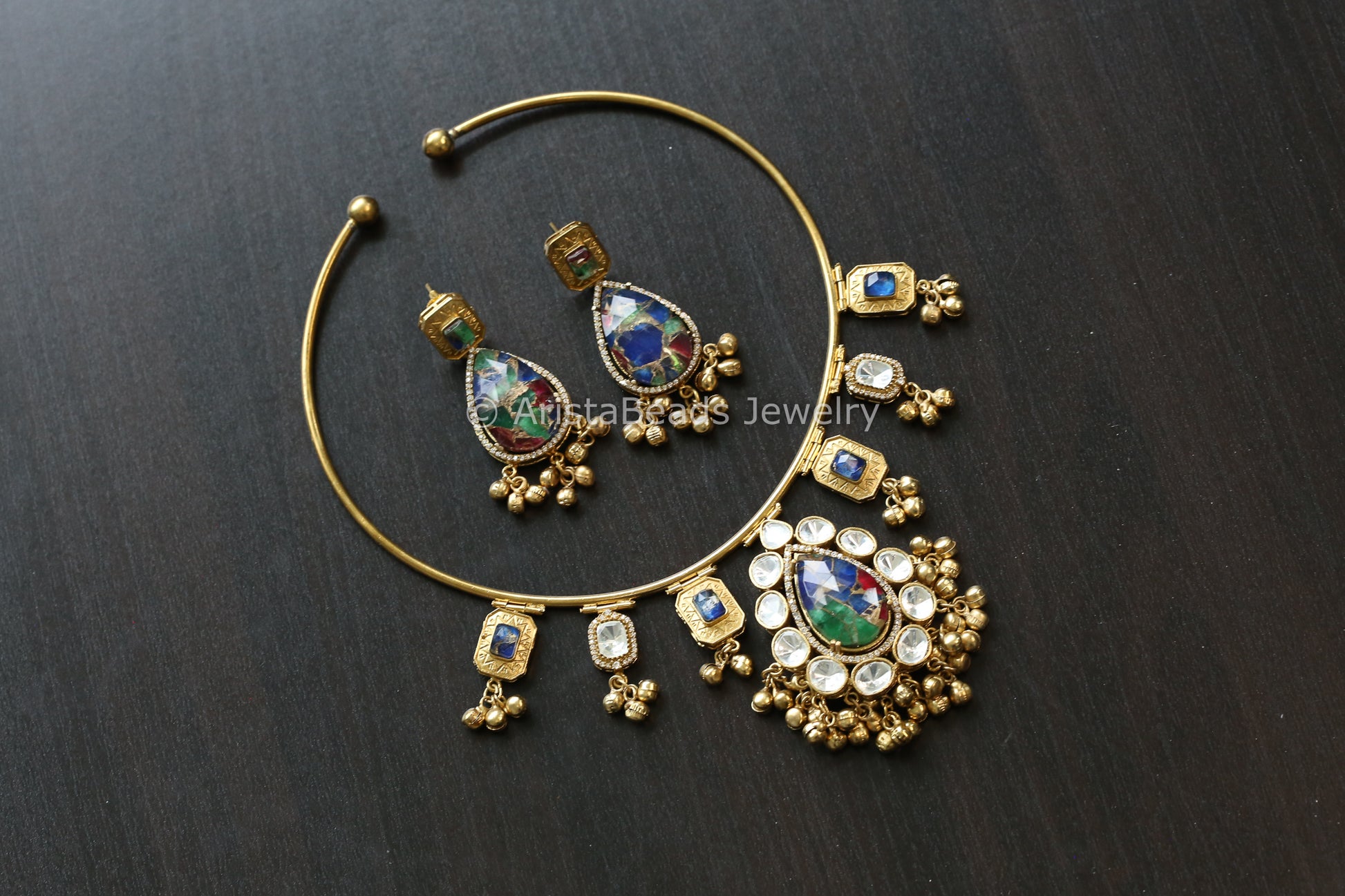 Premium Mosaic Doublet &  Uncut Kundan Hasli Set (103-21)