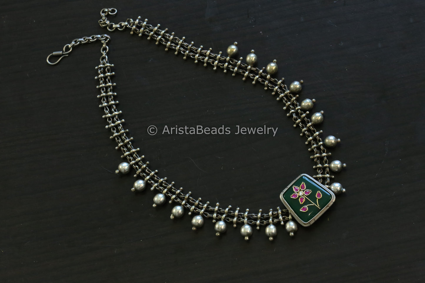 Kundan Inlay Silver Look Alike Fusion Necklace - Green