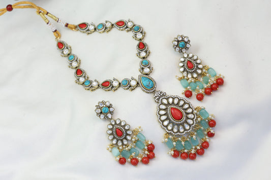 Turquoise Coral Stones & Kundan Polki Necklace Set