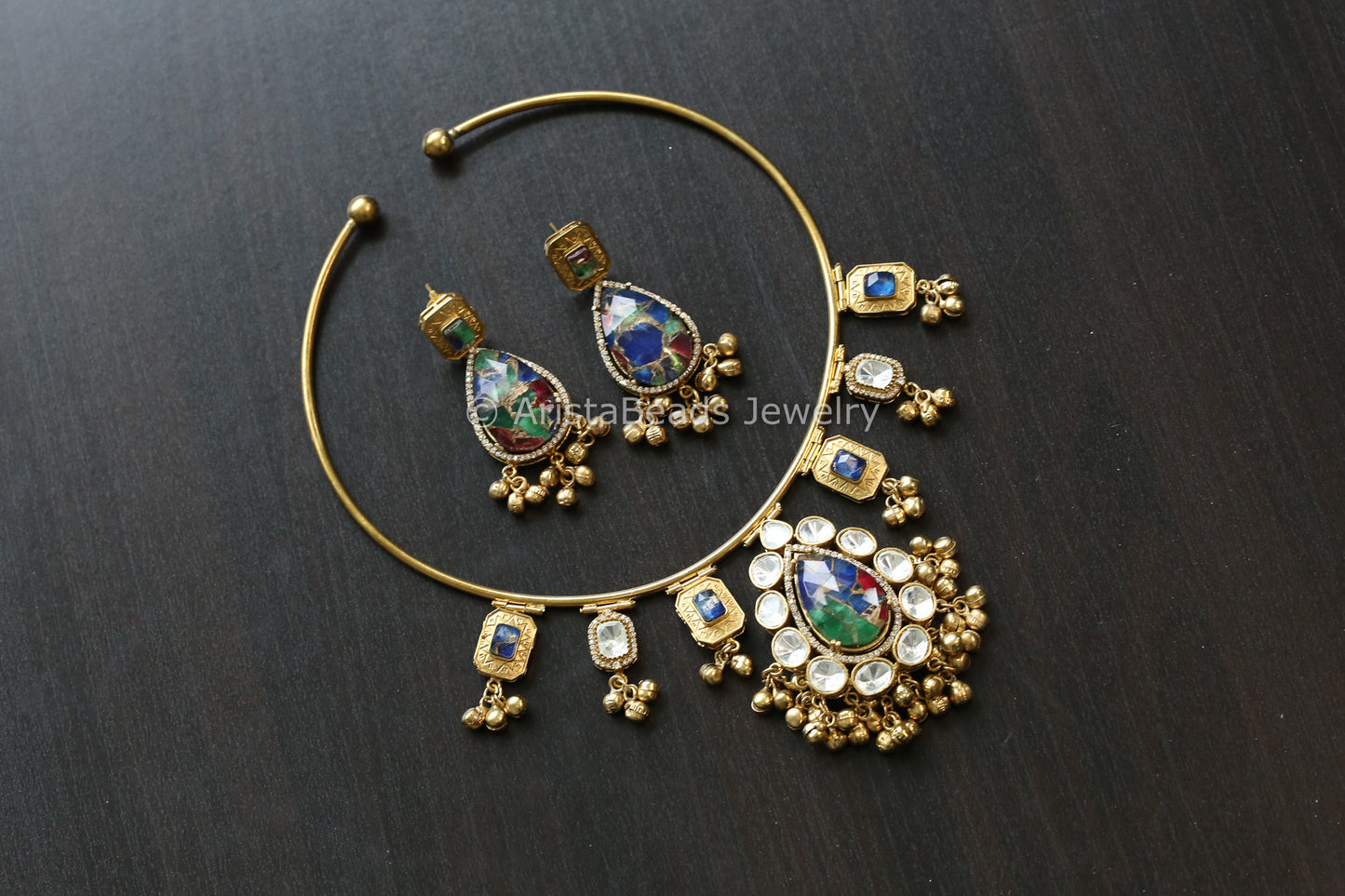 Premium Mosaic Doublet &  Uncut Kundan Hasli Set (103-21)