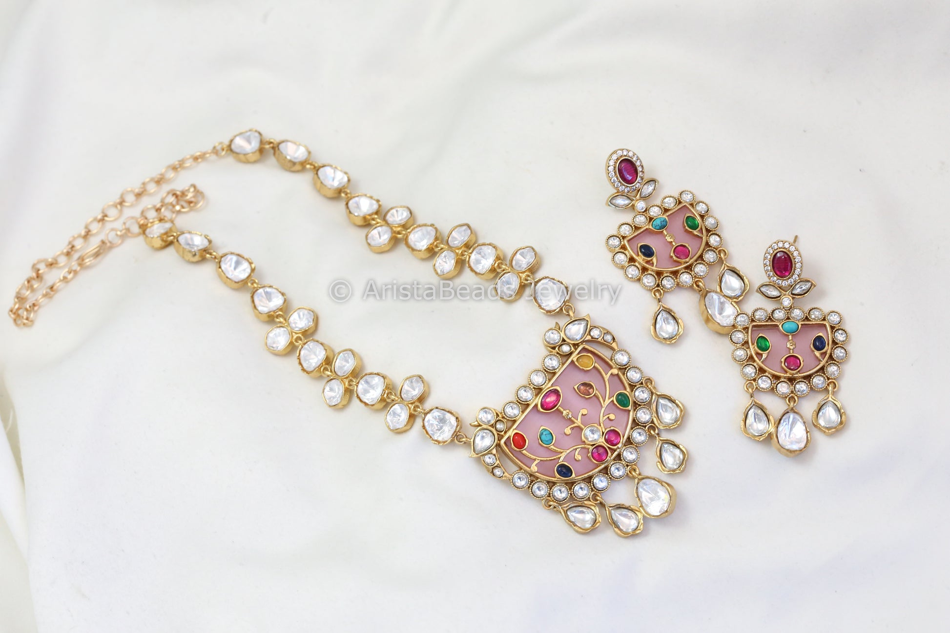 Premium Inlay Jadau Uncut Polki Kundan Set - Pink