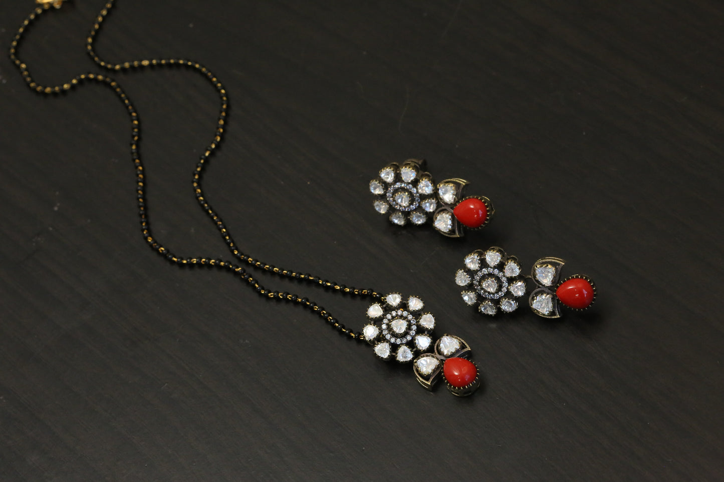 Coral & Moissanite Black Beads Necklace Set