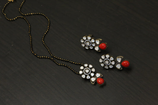 Coral & Moissanite Black Beads Necklace Set