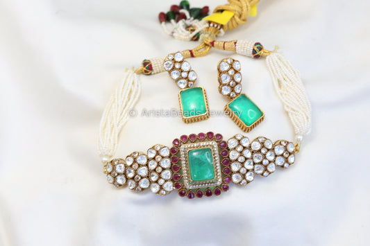 Uncut Kundan Polki Doublet Choker Set - Green
