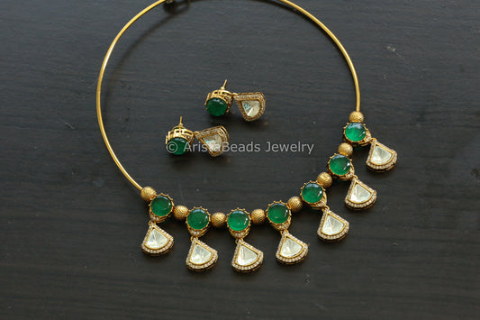 Emerald Pota Doublet Stone & Polki Hasli Set (102-23)