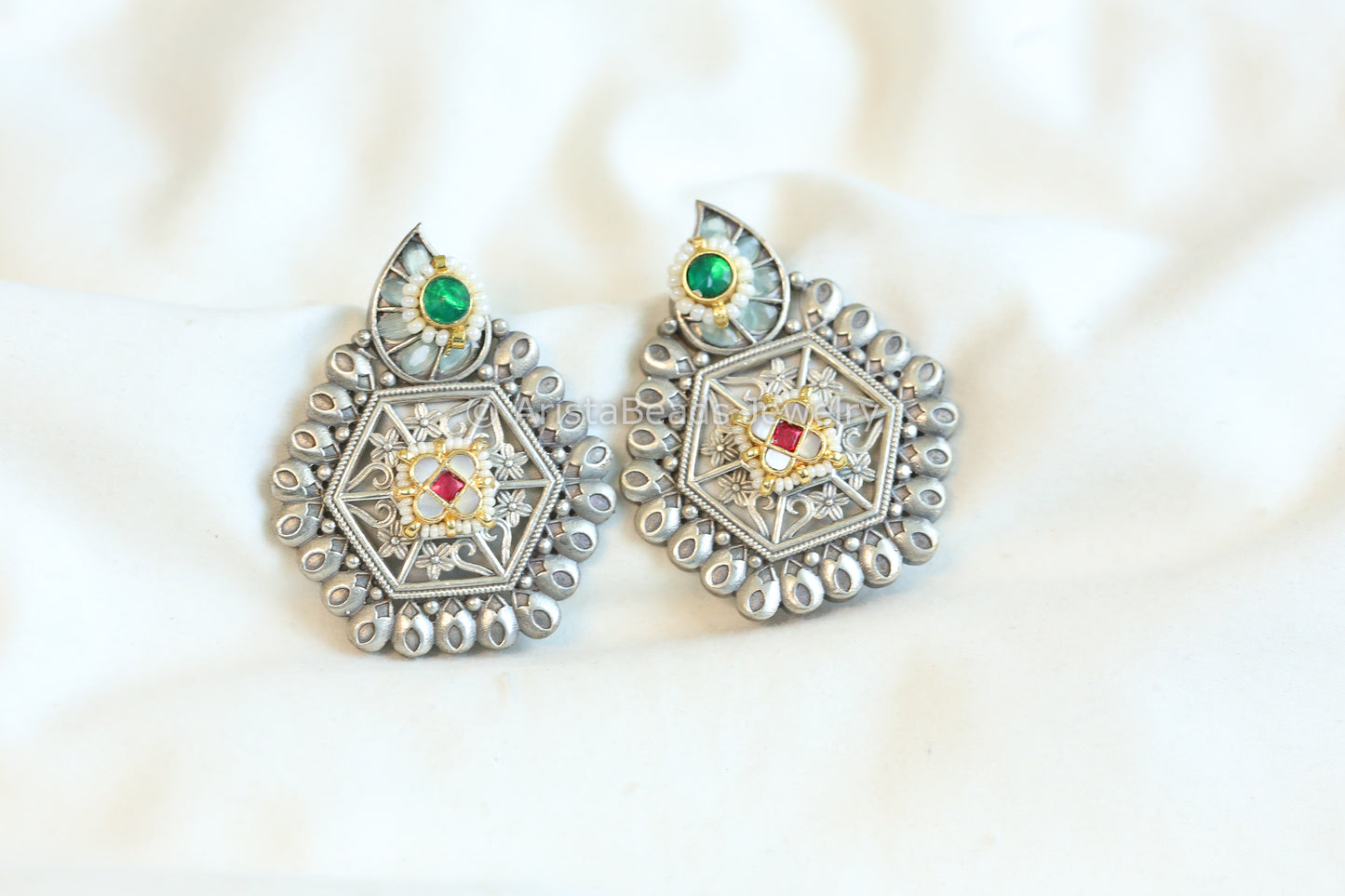 Anuja Green Silver Tone Chandbaali - ABJOC-02