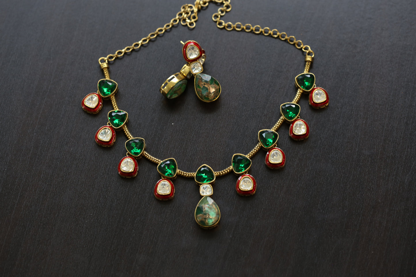 Polki Kundan, Enamel  & Marble Doublet Set - Green (103-15)