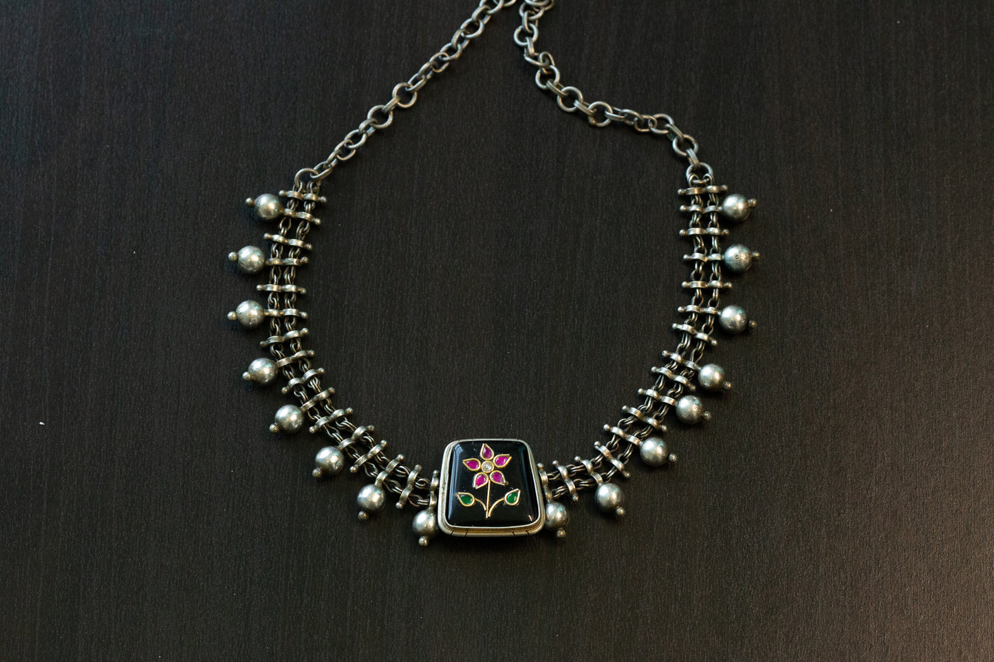 Kundan Inlay Silver Look Alike Fusion Necklace - Black (T102-33)
