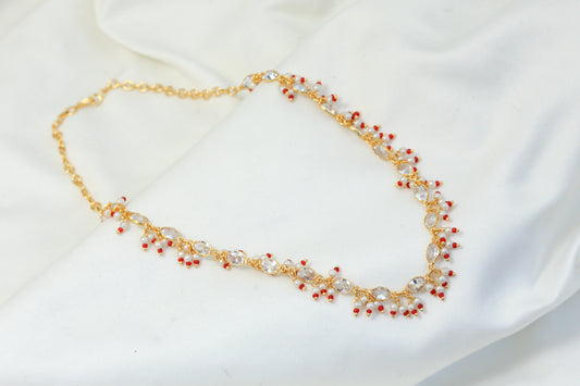 Dainty Clear CZ Polki  Necklace - Red