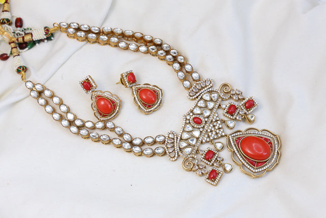 Victorian Moissanite Look Polki & Pota Doublet Set - Coral