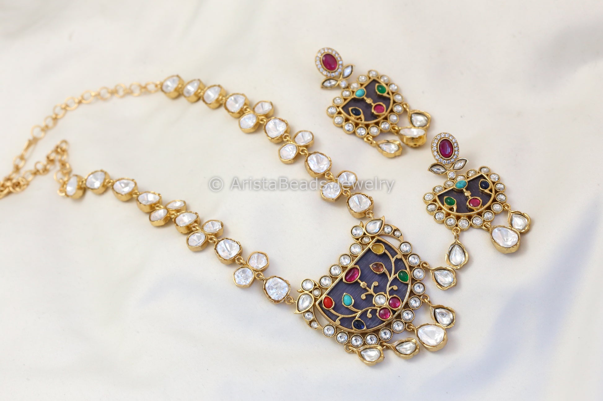 Premium Inlay Jadau Uncut Polki Kundan Set - Gray