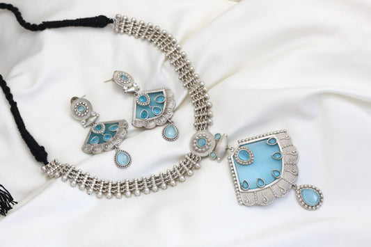 Silver Look Necklace Set - Sky blue