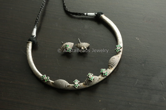 Jadau Silve Finish Hasli Set - Green