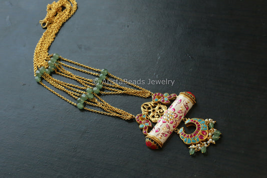 Jadau Kundan Meenakali Tabeez Necklace - Turquoise  & Ivory